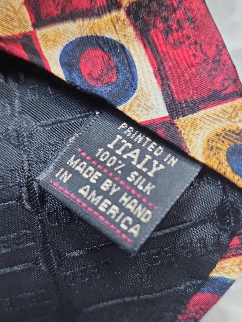 Ferrell Reed Geometric Pattern Necktie in Red, Gold & Navy - Picture 5 of 8